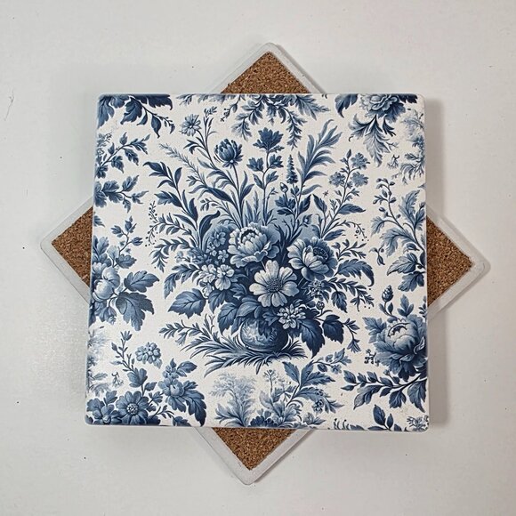 Blue Toile Sandstone Coaster - One Only | French Country Floral | Cork Back 4.3" - Picture 2 of 4